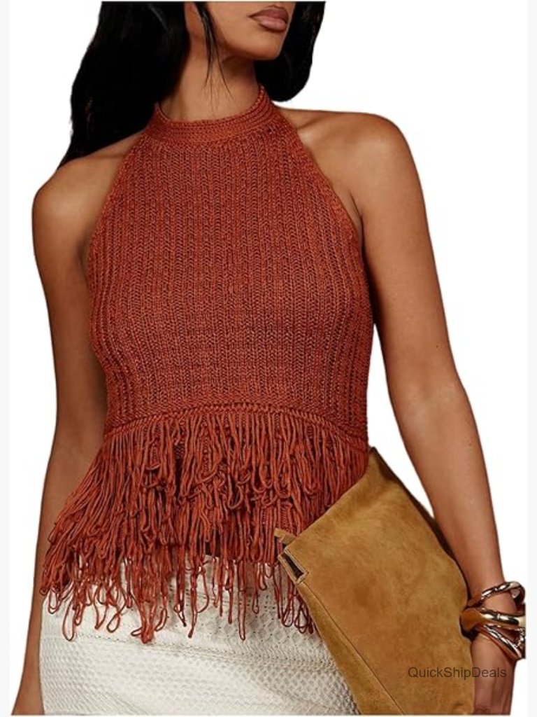 Boho Fringe Halter Knit Crochet Tank Top Sleeveless Open Back